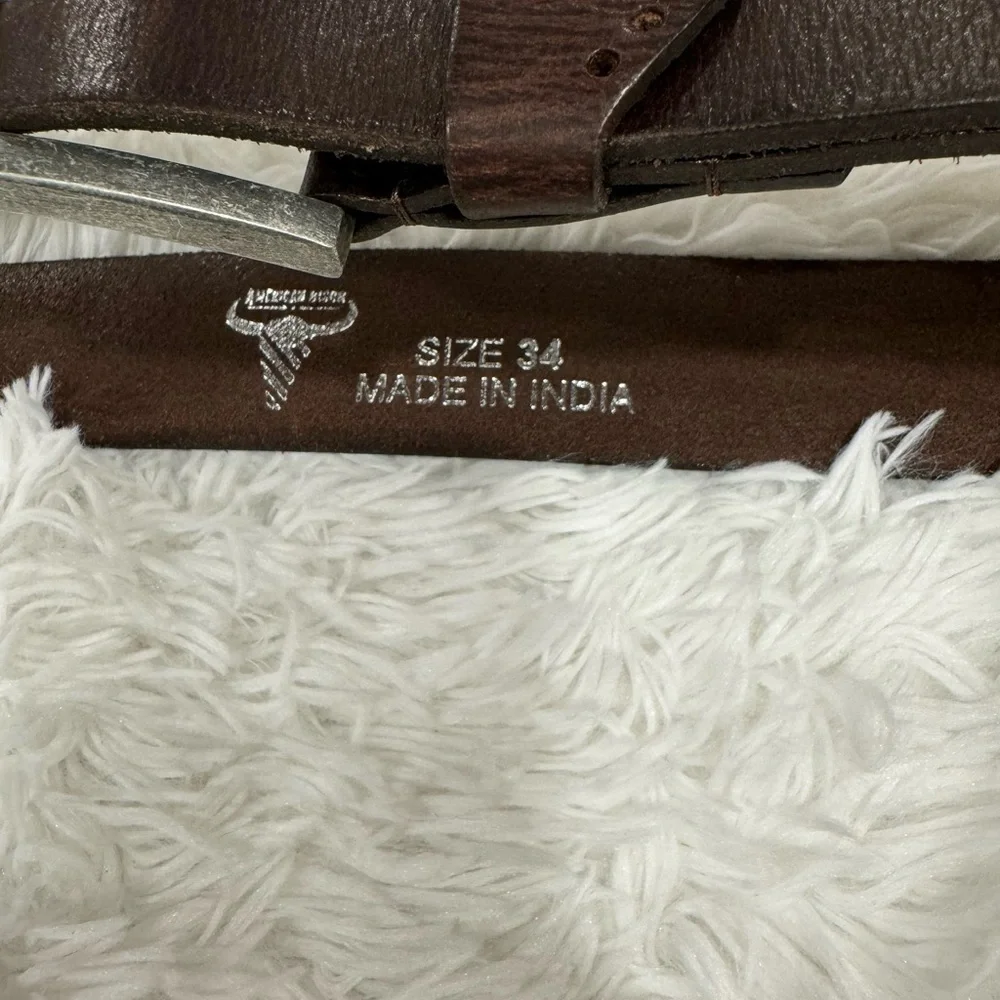 American Bison Size 34 Mens Brown Leather Belt silver Hardware